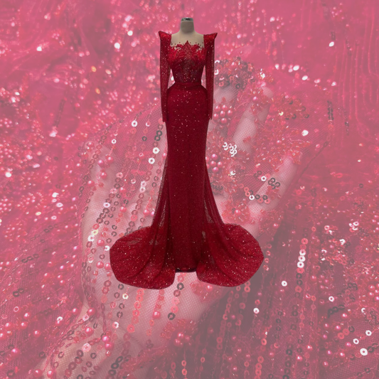 Red Embroidered on Red Net Fabric with Cutdana, Pearl & Sequin Work 2992