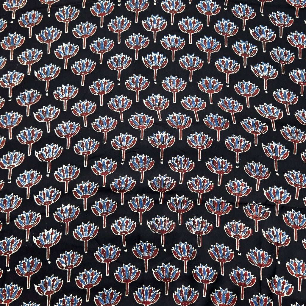 Elegant Handblock Ajrakh Print on Pure Modal Fabric – Indigo Blue & Maroon Floral Motifs on Black Base