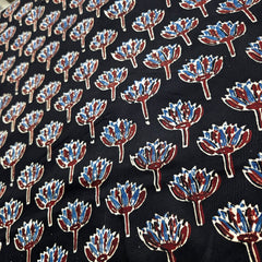 Elegant Handblock Ajrakh Print on Pure Modal Fabric – Indigo Blue & Maroon Floral Motifs on Black Base