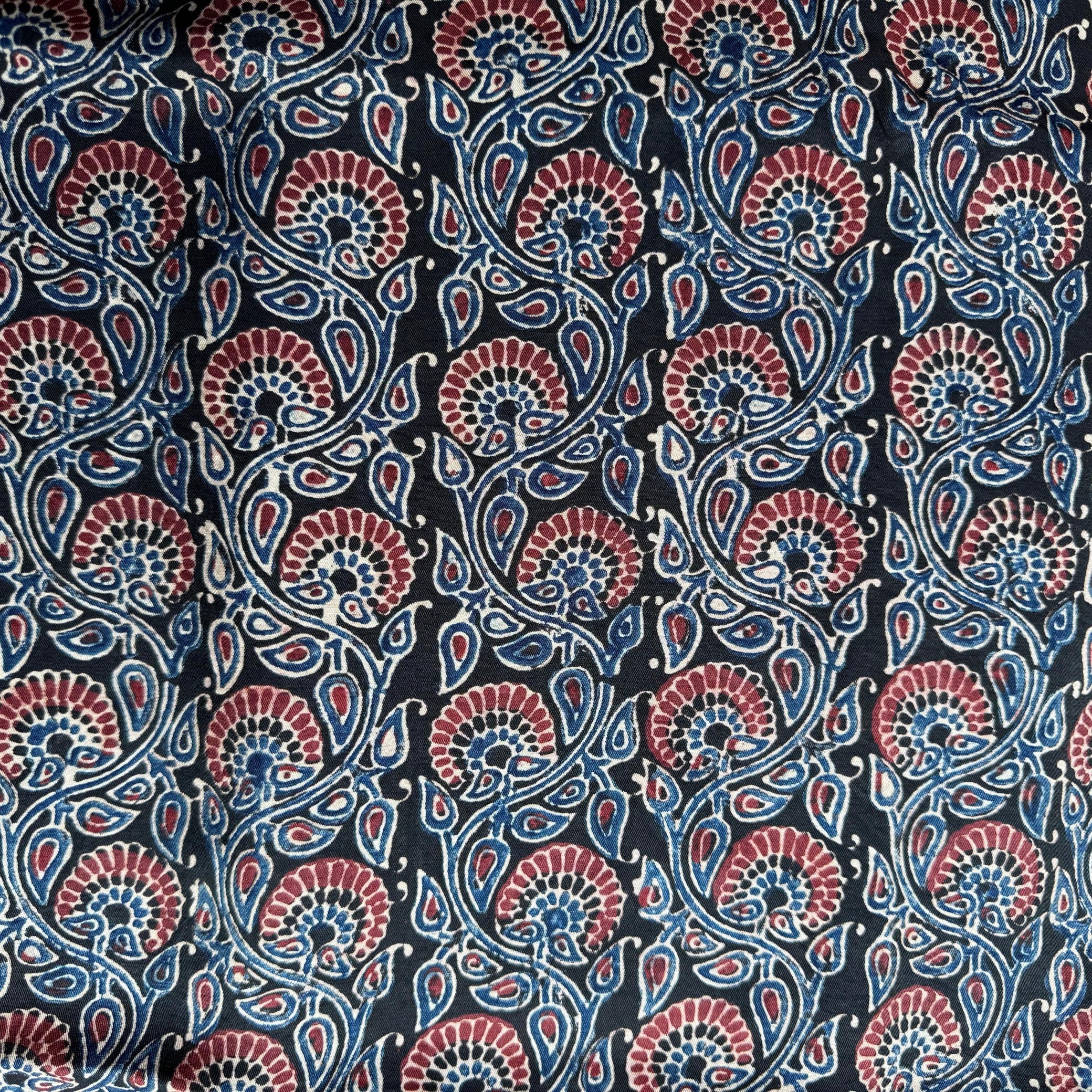 Elegant Handblock Ajrakh Print on Pure Modal Fabric – Indigo Blue & Maroon Floral and Paisley Motifs on Black Base