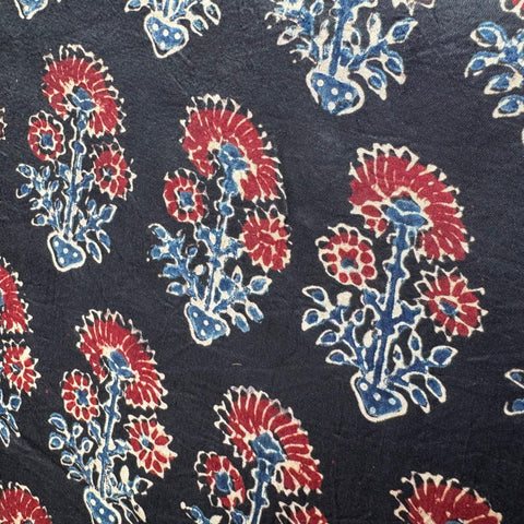 Elegant Handblock Ajrakh Print on Pure Modal Fabric – Indigo Blue & Maroon Floral Motifs on Black Base