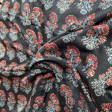 Elegant Handblock Ajrakh Print on Pure Modal Fabric – Indigo Blue & Maroon Floral Motifs on Black Base