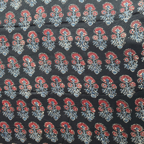 Elegant Handblock Ajrakh Print on Pure Modal Fabric – Indigo Blue & Maroon Floral Motifs on Black Base