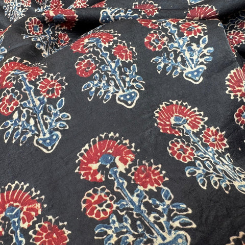 Elegant Handblock Ajrakh Print on Pure Modal Fabric – Indigo Blue & Maroon Floral Motifs on Black Base