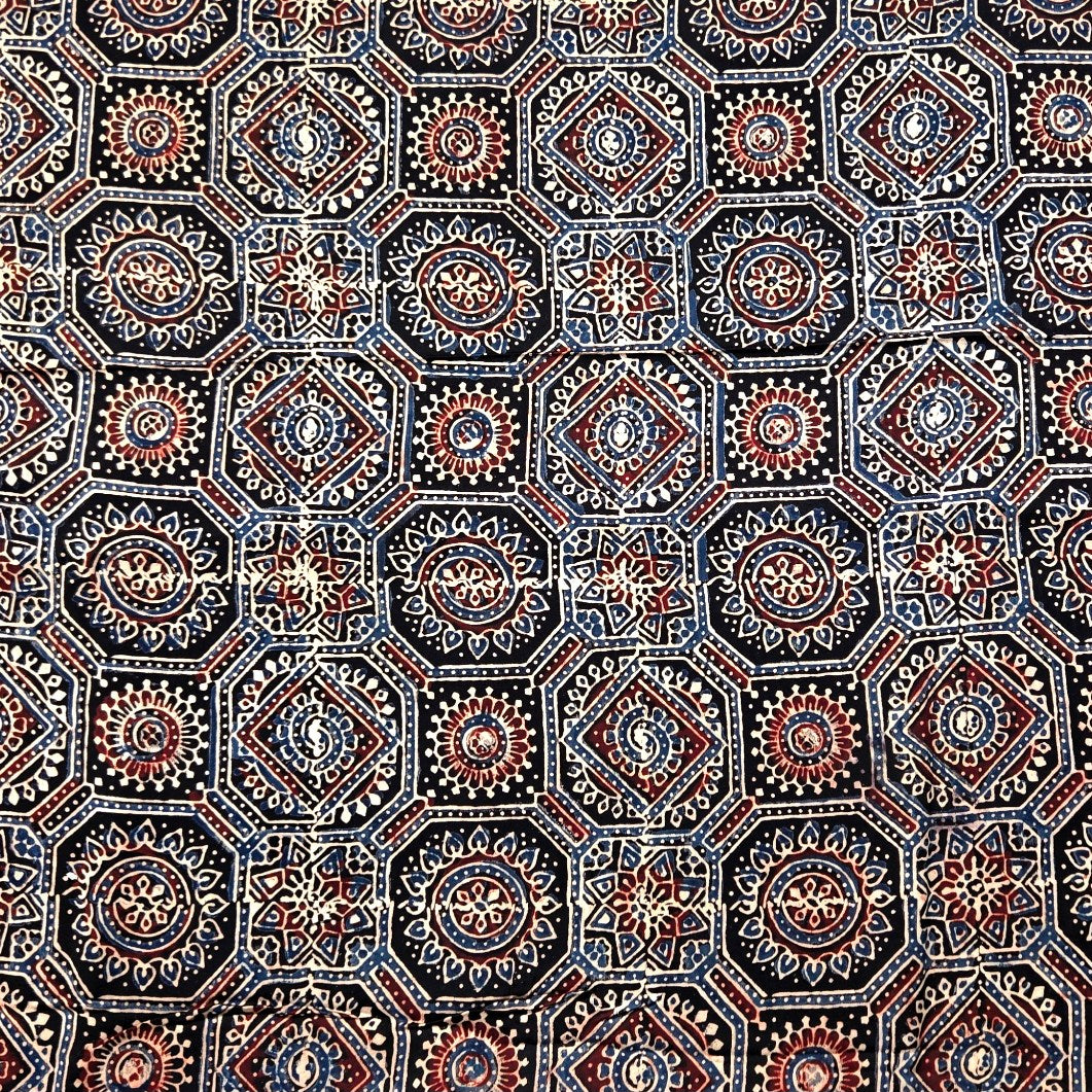 Elegant Handblock Ajrakh Print on Pure Modal Fabric – Indigo Blue & Maroon Floral Motifs on Black Base