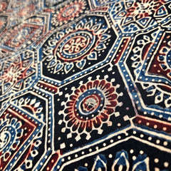 Elegant Handblock Ajrakh Print on Pure Modal Fabric – Indigo Blue & Maroon Floral Motifs on Black Base