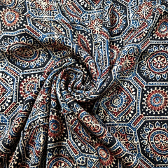 Elegant Handblock Ajrakh Print on Pure Modal Fabric – Indigo Blue & Maroon Floral Motifs on Black Base