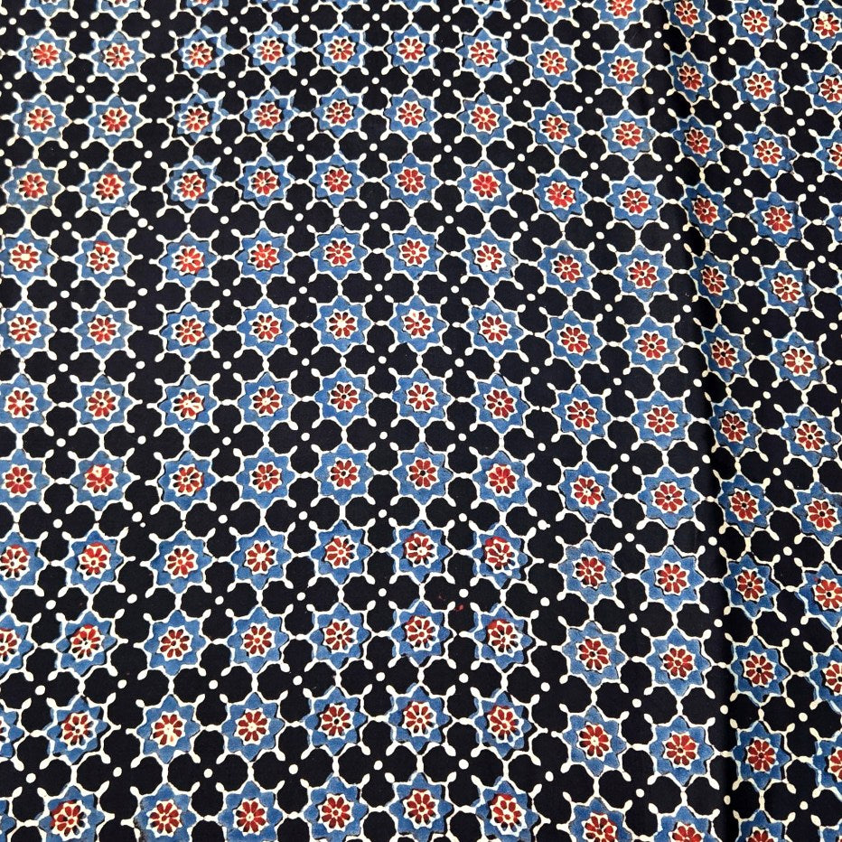 Elegant Handblock Ajrakh Print on Pure Modal Fabric – Indigo Blue & Black Floral and Paisley Motifs on Black Base