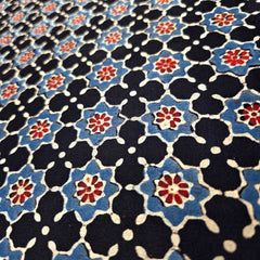 Elegant Handblock Ajrakh Print on Pure Modal Fabric – Indigo Blue & Black Floral and Paisley Motifs on Black Base
