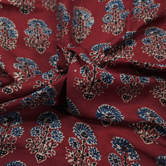 Elegant Handblock Ajrakh Print on Pure Modal Fabric – Indigo Blue & Black Floral Motifs on Maroon Base