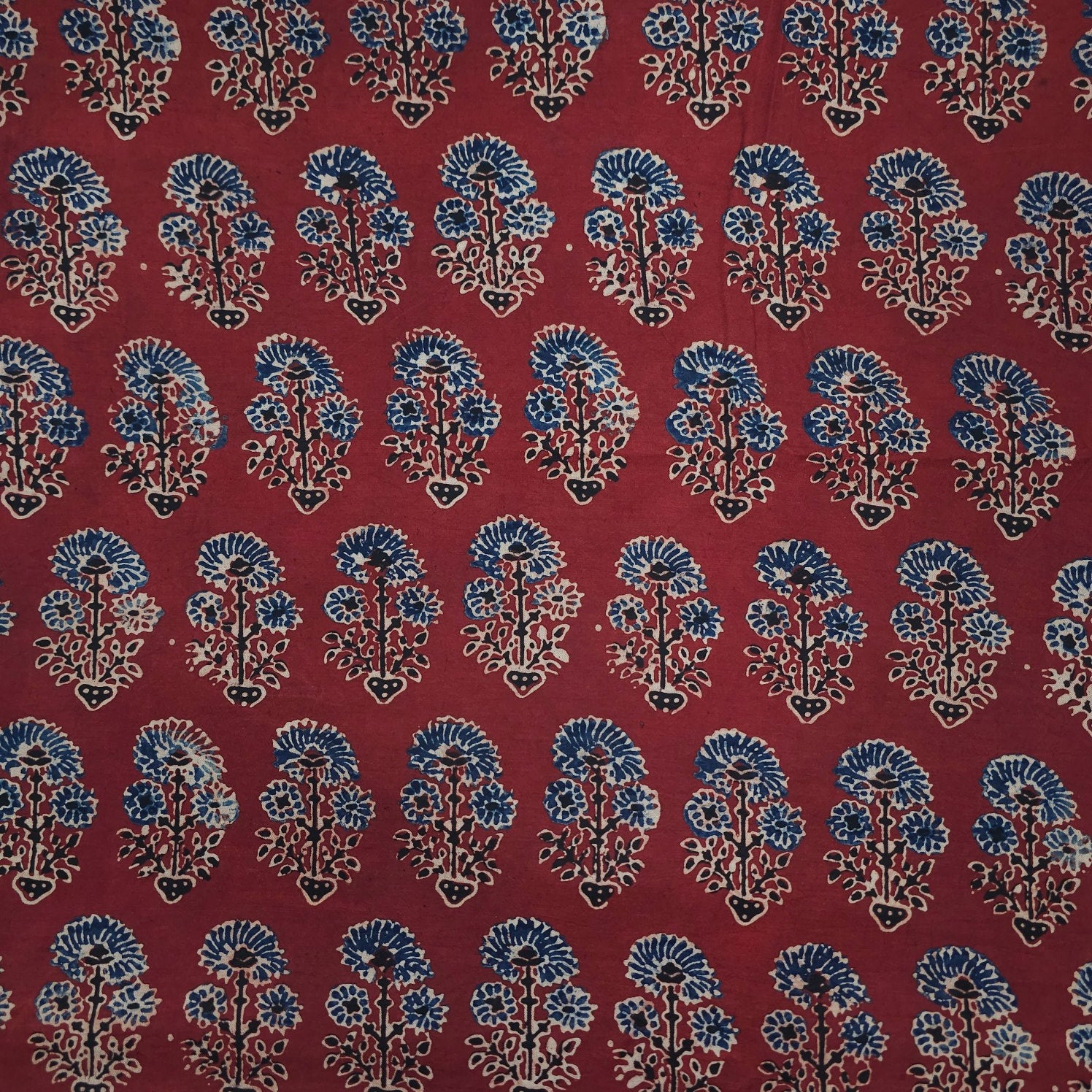 Elegant Handblock Ajrakh Print on Pure Modal Fabric – Indigo Blue & Black Floral Motifs on Maroon Base