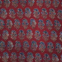 Elegant Handblock Ajrakh Print on Pure Modal Fabric – Indigo Blue & Black Floral Motifs on Maroon Base