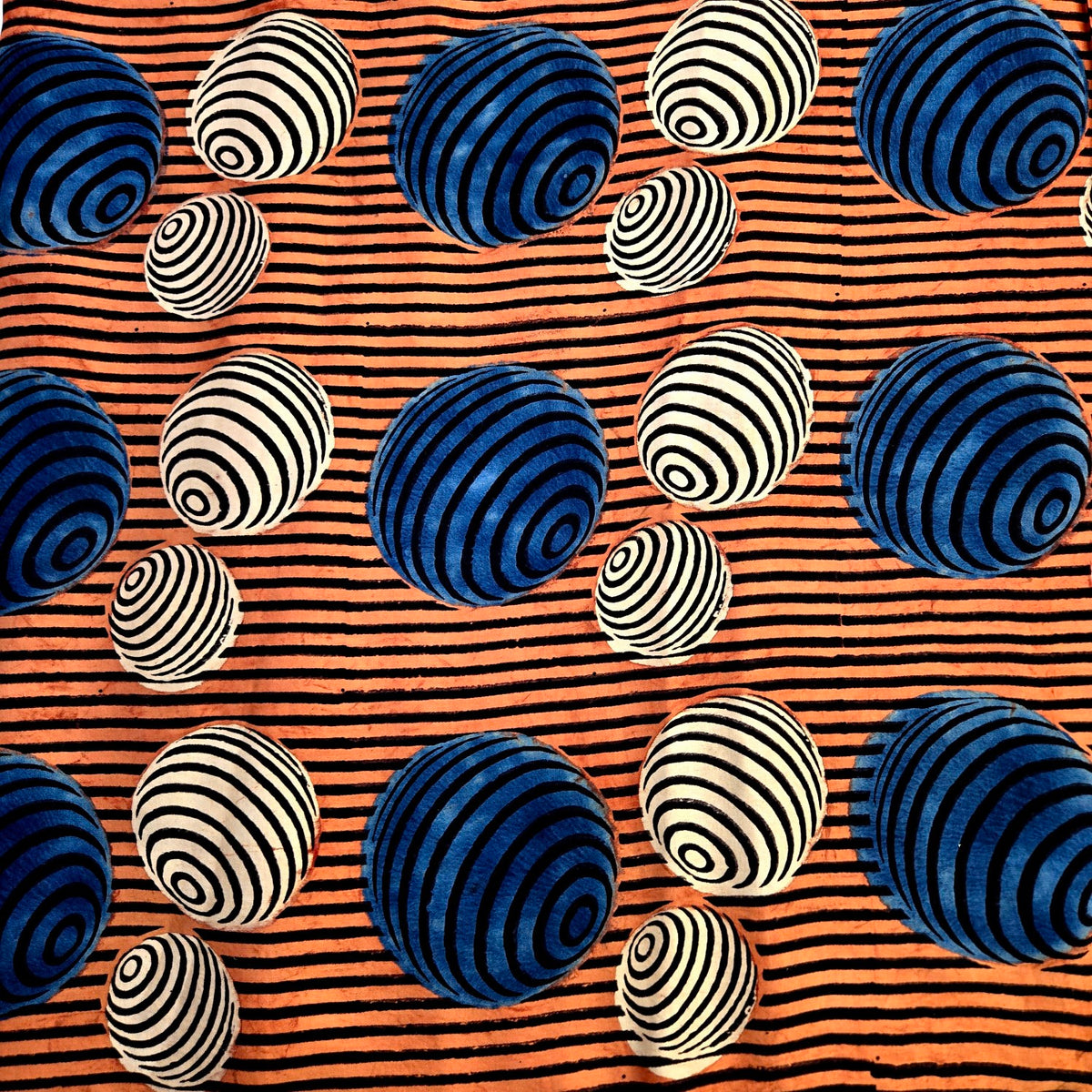 Elegant Handblock Ajrakh Print on Pure Modal Fabric – Blue,Beige & Black Circular Motifs on Peach Base