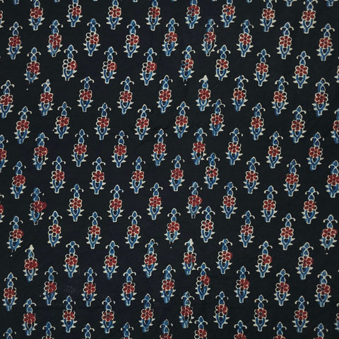 Elegant Handblock Ajrakh Print on Pure Modal Fabric – Indigo Blue & Maroon Floral Motifs on Black Base