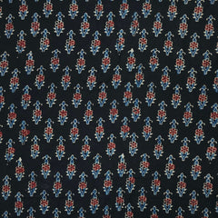 Elegant Handblock Ajrakh Print on Pure Modal Fabric – Indigo Blue & Maroon Floral Motifs on Black Base