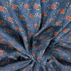 Elegant Handblock Ajrakh Print on Pure Modal Fabric – Black & Maroon Floral Motifs on Indigo Blue Base
