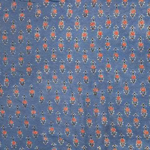 Elegant Handblock Ajrakh Print on Pure Modal Fabric – Black & Maroon Floral Motifs on Indigo Blue Base