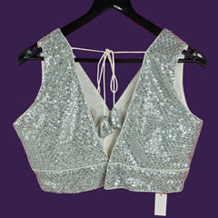 Sitara Full Sequins Sleeveless Silver White Blouse with V Neckline