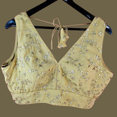 Pushpa Floral Sequin Work Sleeveless Golden Blouse with V Neckline