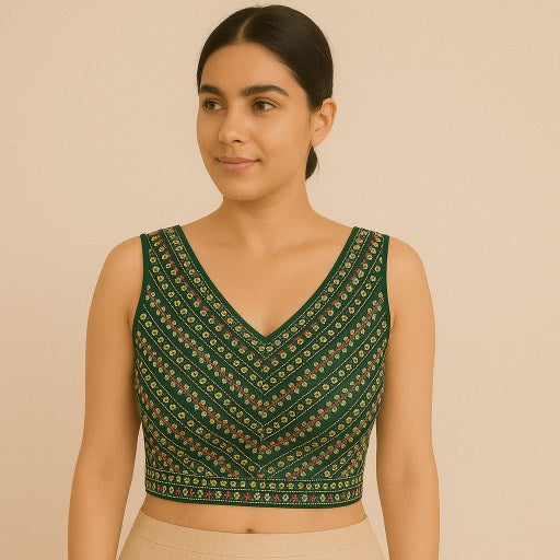 Shangar Bottle Green Raw Silk Blouse with Multi-color Embroidery and Sequins Work with V Neckline