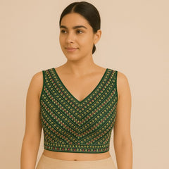 Shangar Bottle Green Raw Silk Blouse with Multi-color Embroidery and Sequins Work with V Neckline