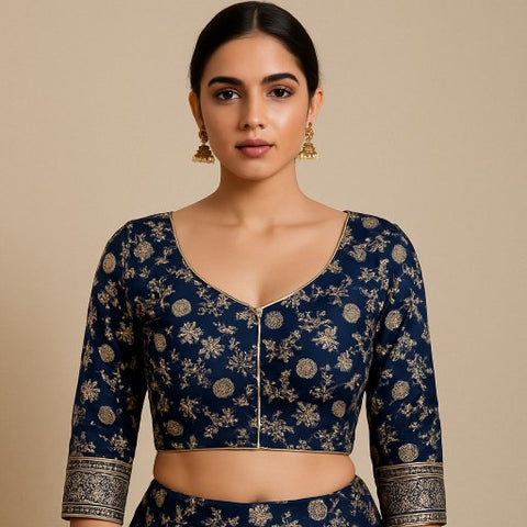 Zarmina Navy Blue Banarasi Brocade with Round Neckline
