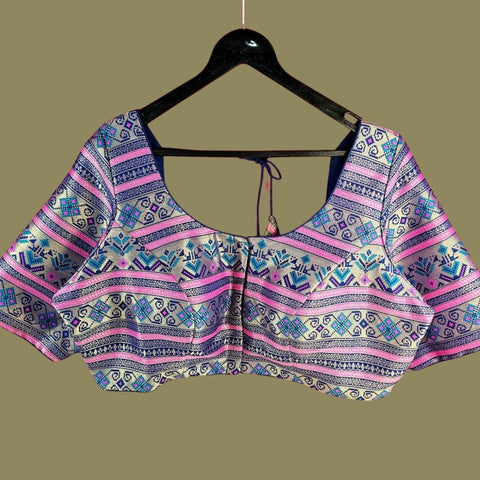 Manjusha Multi-Color Banarasi  Brocade on Indigo Blue Base with Round Neckline
