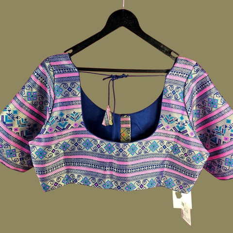 Manjusha Multi-Color Banarasi  Brocade on Indigo Blue Base with Round Neckline