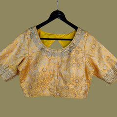 Zardana Bold Yellow Pink Banaras Brocade Blouse with Zari work and Round Neckline