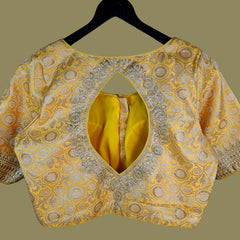 Zardana Bold Yellow Pink Banaras Brocade Blouse with Zari work and Round Neckline