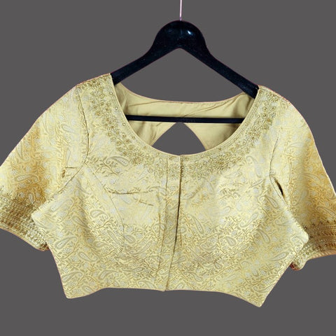 Zardana Light Gold Pink Banaras Brocade Blouse with Zari work and Round Neckline