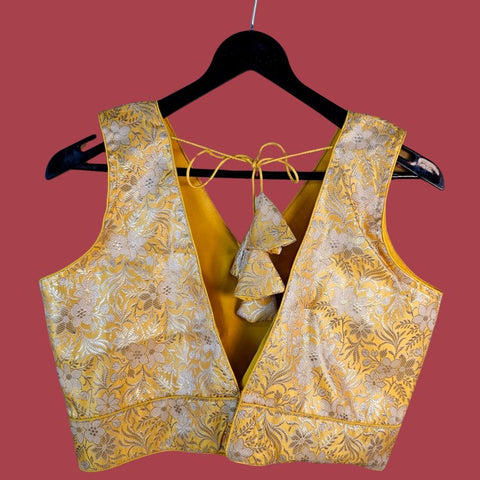 Rajsi Lemon Yellow Floral  Banaras Brocade Blouse with V Neckline