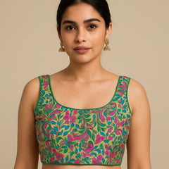 Kamalmor Paithani Blouse Green Color Blouse with Round Neckline