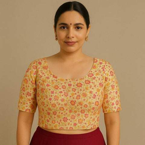 Phoolzar Cream Off White Banaras Brocade Blouse with Round Neckline