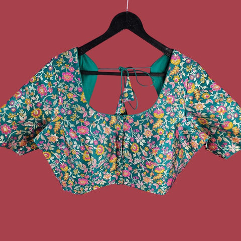 Phoolzar Teal Blue Green Banaras Brocade Blouse with Round Neckline