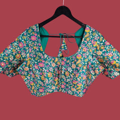 Phoolzar Teal Blue Green Banaras Brocade Blouse with Round Neckline