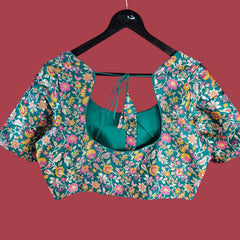 Phoolzar Teal Blue Green Banaras Brocade Blouse with Round Neckline