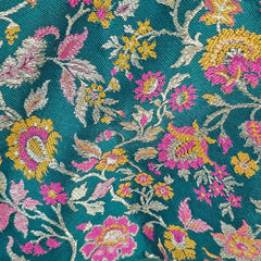 Phoolzar Teal Blue Green Banaras Brocade Blouse with Round Neckline