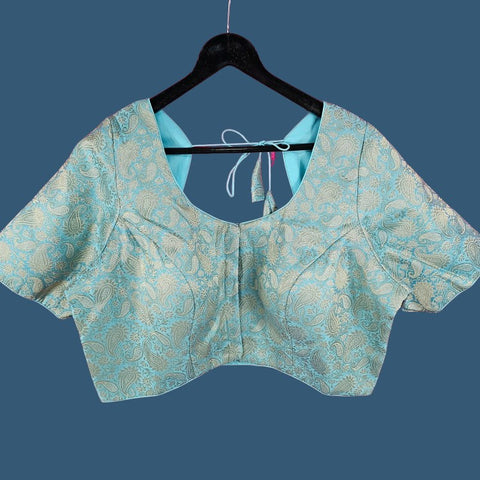 Zarkoyari Banaras Brocade Powder Blue Color Blouse with Round Neckline