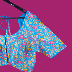 Phoolzar Banaras Brocade Deep Sky Blue Color Blouse with Round Neckline