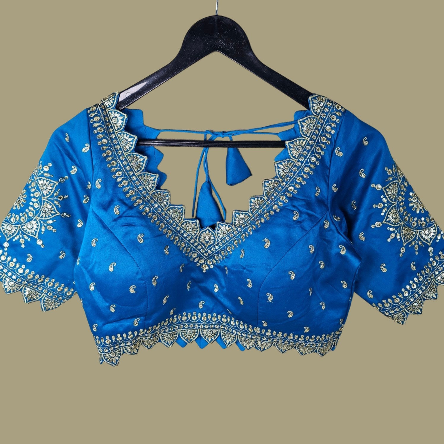 Embroidered Gajji Silk Base Deep Sky Blue Color Blouse with Curvy V Neckline