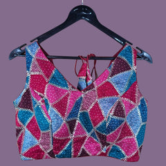 Rangoli  Shades of Sky Blue and Pink Color Sequin Blouse with V Neckline