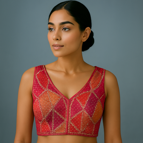 Rangoli Shades of Orange, Red and Pink color Sequin Blouse with V Neckline