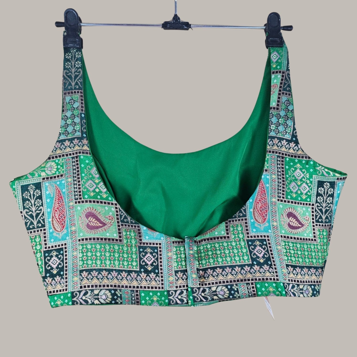 Aarasi Pure Banarasi Dola Silk Soft Brocade Blouse with Position Print on Green Base and Round Neckline and Round Neckline