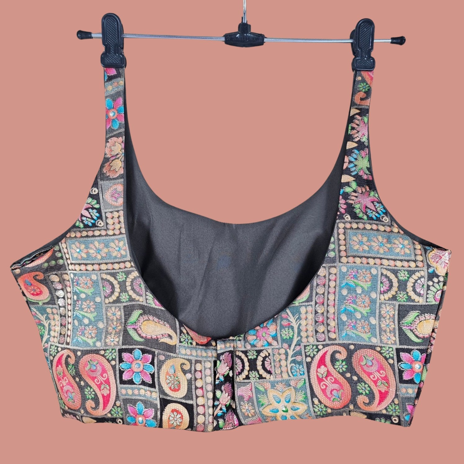 Aarasi Pure Banarasi Dola Silk Soft Brocade Blouse with Position Print on Grey Base and Round Neckline