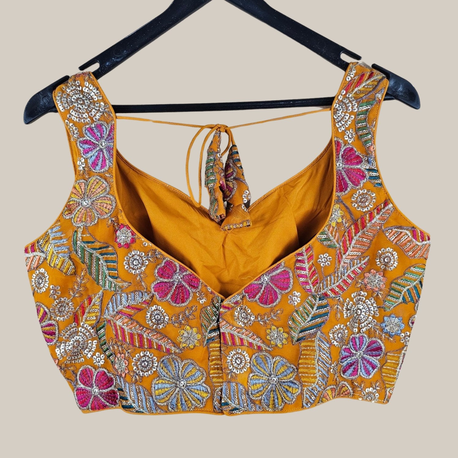 Jasmin Mustard Color Base Multicolor Floral Embroidered Blouse with Sweetheart Neckline