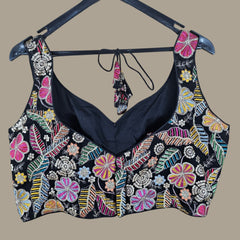 Jasmin Black Color Base Multicolor Floral Embroidered Blouse with Sweetheart Neckline