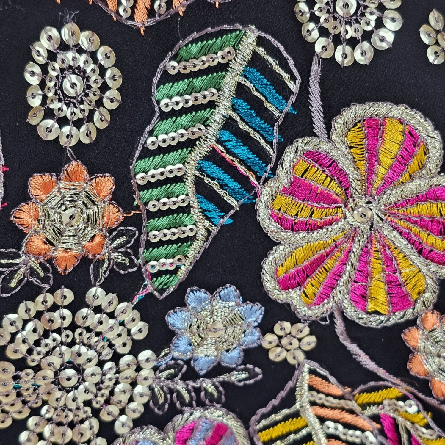 Jasmin Black Color Base Multicolor Floral Embroidered Blouse with Sweetheart Neckline