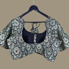 Mizaj Black Brocade Half Sleeves Blouse with Round Neckline