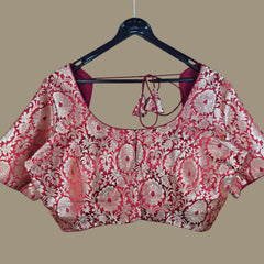 Mizaj Deep Red Brocade Half Sleeves Blouse with Round Neckline